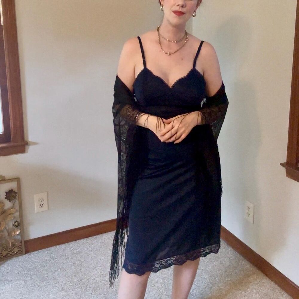 Vintage 60s Romantic Whimsigoth Midnight Navy Lace Slip Dress Size Small